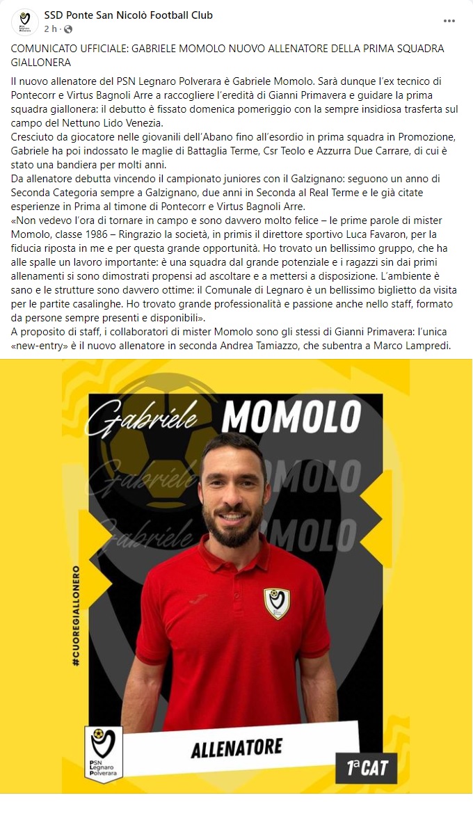 Gabriele Momolo nuovo allenatore prima squadra